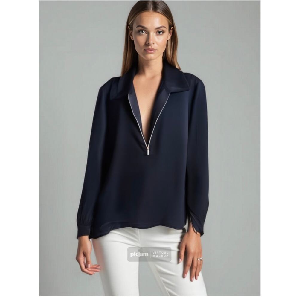 Club Monaco Black Half-Zip Blouse SP Silver Zip Boxy Fit Business Casual Women’s